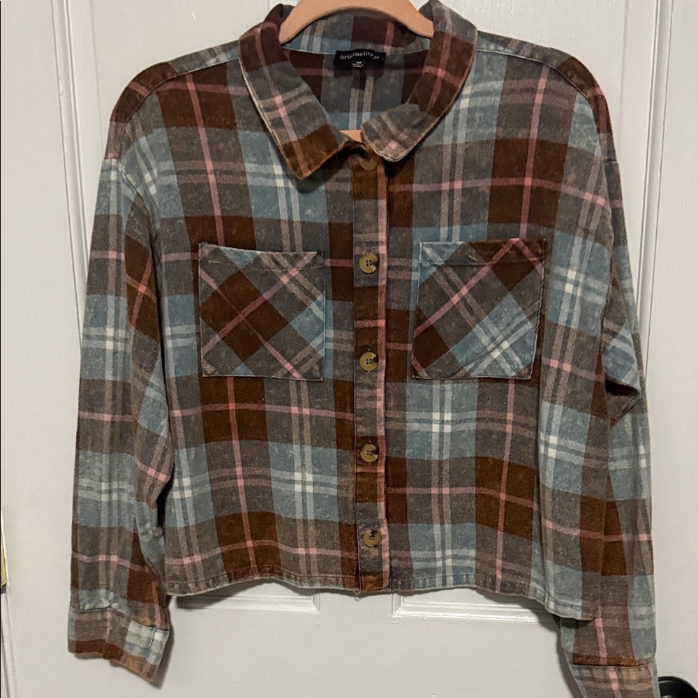 Women's Plaid Utility Top - Brown, Pink, and Gray